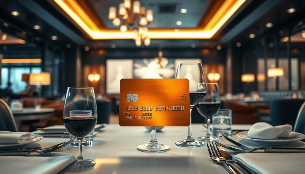 A sleek, modern dining and entertainment scene with a focal point of a shiny metal credit card in the center, emitting a warm, amber glow. The card is surrounded by an elegant table setting with fine china, silverware, and a glass of red wine. In the background, a sophisticated lounge area with plush leather seating and dim lighting sets the mood. The entire scene is captured with a wide-angle lens, creating a sense of depth and grandeur. The image conveys a luxurious and rewarding experience of using a premium cashback credit card for dining and entertainment.