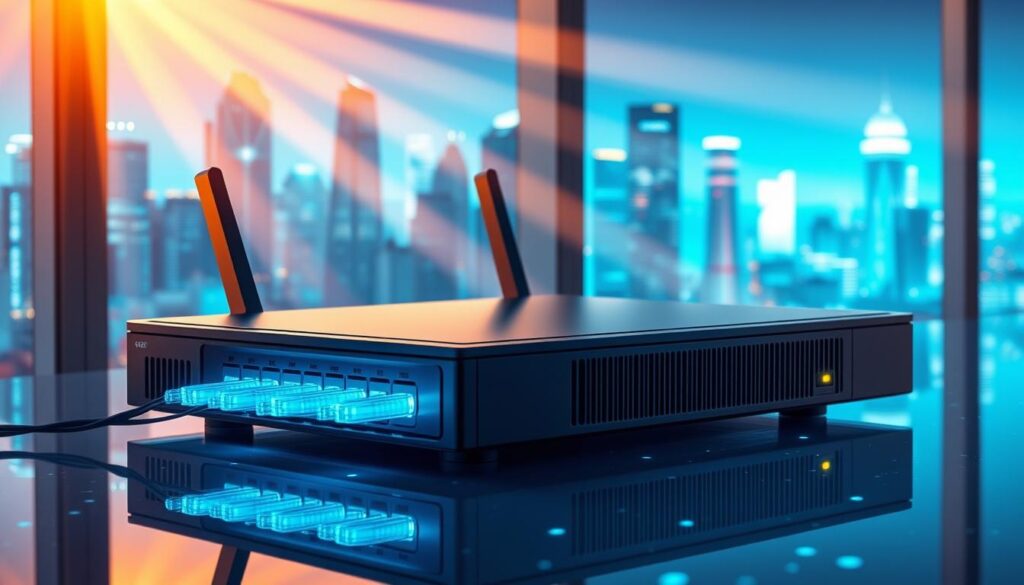 A sleek, modern fiber optic router with glowing, azure connections emanating from its ports. The device is backlit by a vibrant, neon-tinged landscape depicting a futuristic city skyline, with towering skyscrapers and a vibrant, pulsing digital grid. Rays of warm, golden light filter through the windows, casting a soft, inviting glow on the router. The scene conveys a sense of technological advancement, high-speed connectivity, and the promise of lightning-fast internet access.