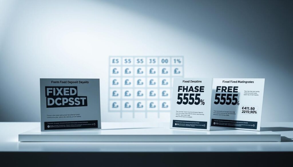 A sleek, modern financial display showcasing tempting promotional rates against a crisp, minimalist backdrop. In the foreground, a clean table surface hosts a selection of informational cards detailing special fixed deposit offers, each with bold, eye-catching typography. The middle ground features a subtle grid of currency symbols and percentages, hinting at the compelling rates available. The background is a softly defocused gradient, lending an air of professionalism and exclusivity. Balanced lighting casts subtle shadows, emphasizing the depth and dimensionality of the composition. The overall mood is one of sophisticated financial opportunity, drawing the viewer in with a sense of urgency and desirability.