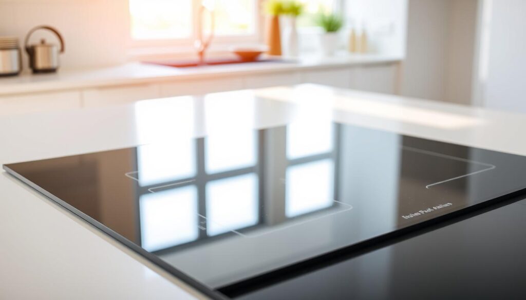 A sleek, modern induction hob with a pristine, easy-clean glass surface. The hob is set against a minimalist, light-filled kitchen backdrop, with warm natural lighting casting a soft glow. The surface is free of any visible dirt, grease, or residue, showcasing its effortless maintenance. Subtle reflections on the glass surface create a sense of depth and polish. The overall scene conveys a sense of efficiency, simplicity, and ease of care - highlighting the ideal cooking surface for a busy household.