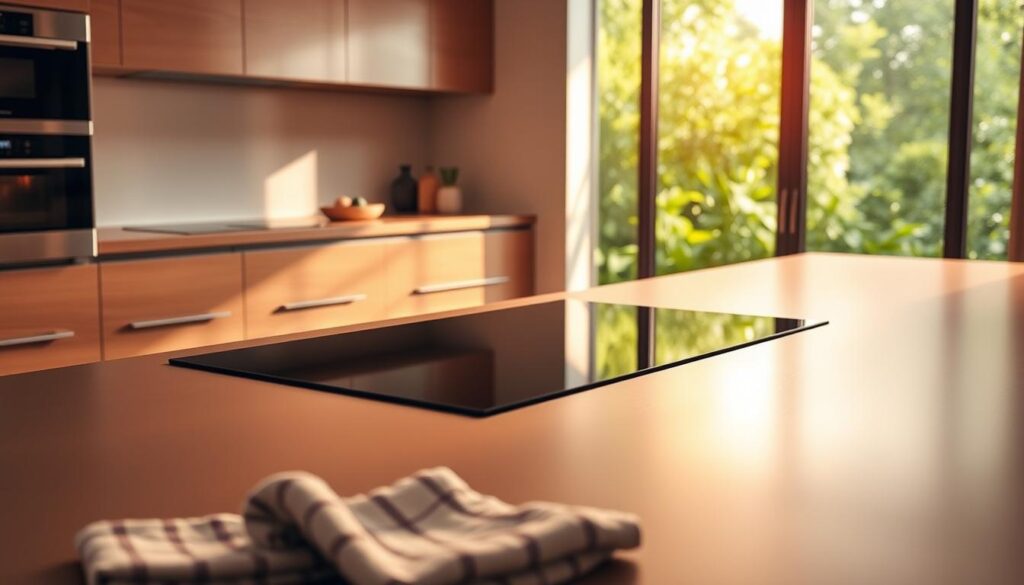 A sleek, modern kitchen filled with warm, natural light. At the center, an energy-efficient induction cooktop gleams, its smooth surface a testament to its efficient design. Surrounding it, a minimalist kitchen counter in a neutral tone, complemented by brushed metal accents. In the foreground, a kitchen towel, its pattern echoing the clean lines of the cooktop. In the background, a window overlooking a lush, verdant garden, showcasing the cooktop's energy-saving capabilities and its harmony with a sustainable lifestyle. The scene exudes a sense of tranquility and efficiency, capturing the essence of "Energy Efficiency and Savings."
