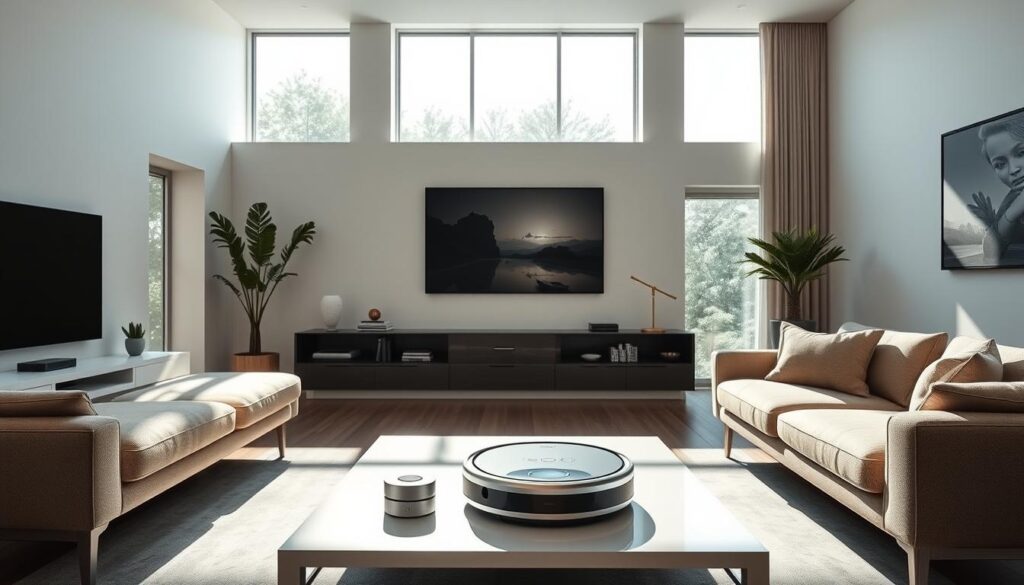 A sleek, modern living room with a central smart home hub commanding an array of connected devices. Sunlight streams through large windows, illuminating the clean, minimalist decor. On the coffee table, a Samsung Jet Bot AI+ robot vacuum stands ready, its premium design blending seamlessly with the elegant interior. Discreet smart home sensors and controls are integrated throughout, seamlessly automating lighting, temperature, and security. The room exudes a sense of effortless convenience and technological sophistication, showcasing the transformative power of smart home integration.