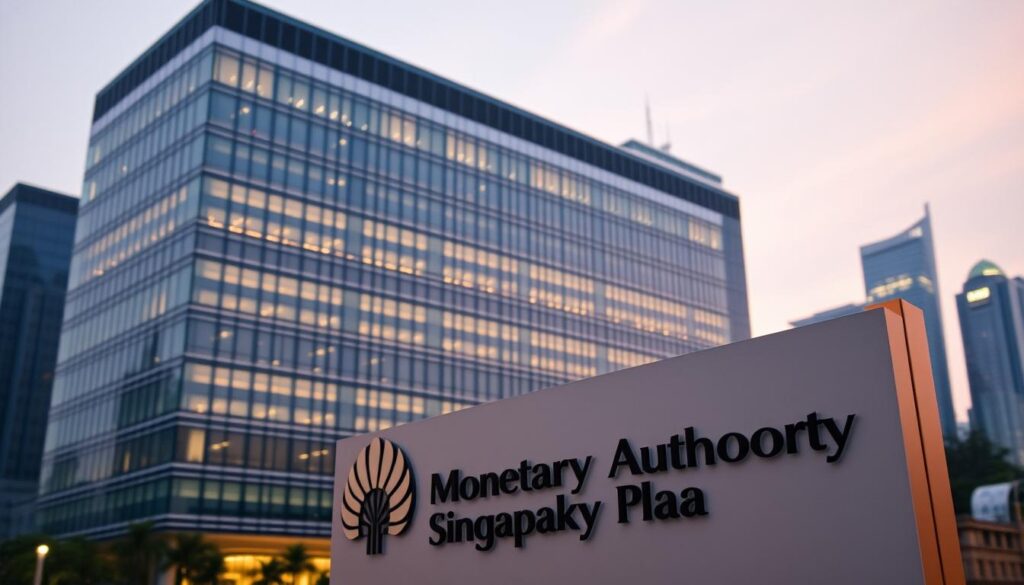 A sleek, modern office building with a polished glass facade, set against a backdrop of the Singapore skyline. The building is illuminated by warm, directional lighting, casting a serene and authoritative atmosphere. In the foreground, a prominent logo and signage for the "Monetary Authority of Singapore" is displayed, conveying a sense of financial stability and regulatory oversight. The composition emphasizes the building's architectural elegance and the organization's importance within the Singaporean financial landscape. A sleek, modern office building with a polished glass facade, set against a backdrop of the Singapore skyline. The building is illuminated by warm, directional lighting, casting a serene and authoritative atmosphere. In the foreground, a prominent logo and signage for the "Monetary Authority of Singapore" is displayed, conveying a sense of financial stability and regulatory oversight. The composition emphasizes the building's architectural elegance and the organization's importance within the Singaporean financial landscape.