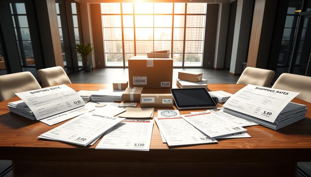 A sleek, modern office setting with a large desk in the foreground, showcasing an array of shipping rate documents, invoices, and delivery tracking information. The desk is illuminated by natural light streaming through large windows in the background, creating a bright and professional atmosphere. On the desk, various shipping labels, envelopes, and a tablet or laptop display shipping rates and delivery options. The middle ground features a shipping box and packing materials, hinting at the efficient logistics at the heart of the "Best Express Singapore" service. The overall scene conveys a sense of efficiency, organization, and attention to detail in the shipping process.