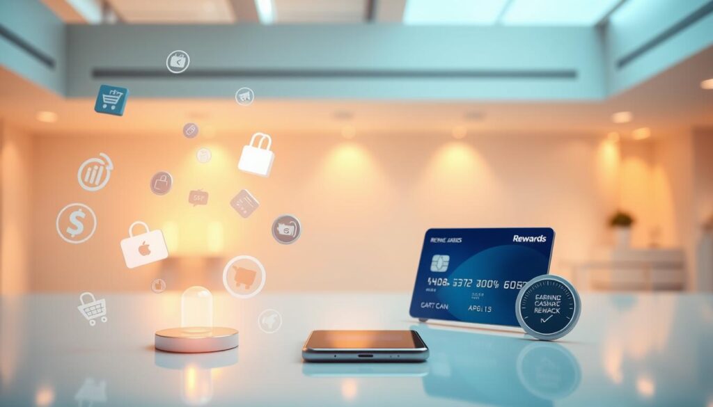A sleek, modern online shopping rewards scene. In the foreground, various digital shopping icons and rewards badges float, casting a soft glow. In the middle ground, a credit card and smartphone are prominently displayed, suggesting the ease of earning cashback. The background depicts a minimalist, technologically-advanced environment with clean lines, neutral tones, and subtle holographic elements, creating a futuristic ambiance. The lighting is warm and inviting, with strategic highlights on the key elements. The overall composition conveys the convenience, rewards, and sophisticated digital experience of online shopping.