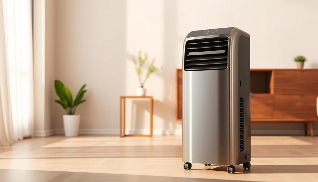 A sleek, modern portable air conditioner standing prominently in a well-lit room with minimalist decor. The unit has a clean, cylindrical design with a metallic finish that catches the warm, directional lighting. The air conditioner is positioned in the foreground, with a sense of depth and scale established by the surrounding environment - a neutral-toned wall in the background, and a simple wooden table or cabinet in the middle ground. The atmosphere is one of efficiency, comfort, and contemporary style, perfectly suited to illustrate the top portable air conditioner models in Singapore.