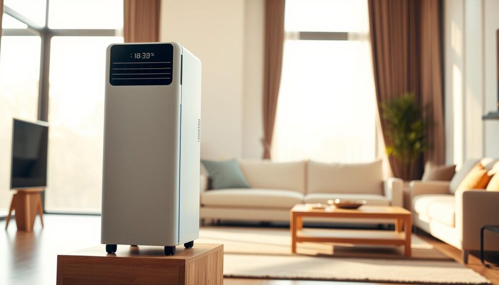 A sleek, modern portable air conditioner unit standing prominently in a well-lit, minimalist living room. The device features a clean, cylindrical design with a matte white finish, a digital display, and intuitive touch controls. It is positioned on a wooden side table, casting a soft, indirect glow across the room. The background is filled with warm, natural light streaming through large windows, creating a comfortable and inviting atmosphere. The image conveys the key features and design considerations of a high-quality, energy-efficient portable air conditioning solution for a Singapore home.
