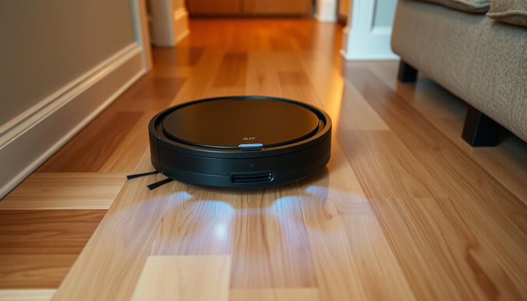 A sleek, multi-floor robot vacuum with an array of sensors and brushes, navigating seamlessly across hardwood, tile, and carpeted floors. Its compact, cylindrical body gently glides under furniture, reaching every corner with precision. Warm, indirect lighting illuminates the machine's matte black exterior, complemented by subtle blue accent lights. The vacuum's camera and LIDAR system scan the room, mapping the environment in real-time for efficient, adaptive cleaning. Captured from a low, slightly elevated angle, showcasing the vacuum's efficient, multi-level functionality for homes with varying floor plans.