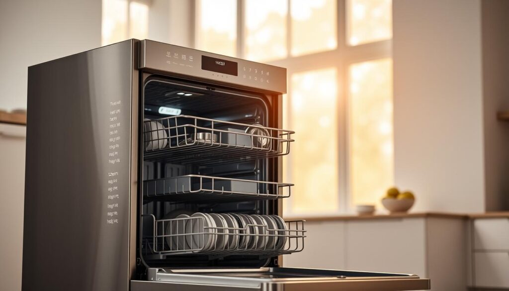 A sleek, stainless steel dishwasher stands in a modern, minimalist kitchen. The front panel features clean, intuitive controls with LED indicators, while the interior is illuminated by soft, diffused lighting. The top rack is adjustable, accommodating taller items, and the bottom rack is divided into sections for efficient organization. Steam vents along the sides gently release hot air, and a quiet, energy-efficient motor hums in the background. The dishwasher's gleaming exterior reflects the warm, natural light streaming through large windows, creating a sense of balance and efficiency in the space.