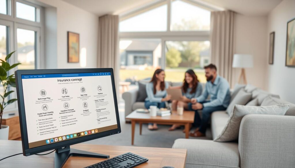 A spacious, well-lit living room with a cozy, family-friendly atmosphere. In the foreground, a desktop computer displays an insurance coverage plan, with various icons and information about the policy details. In the middle ground, a family gathers around a coffee table, discussing the policy and its benefits. The room is filled with natural light, creating a warm and inviting ambiance. Soft, neutral tones and natural wood accents complement the modern decor. A large window in the background overlooks a peaceful suburban neighborhood, suggesting the sense of security and protection provided by the home insurance coverage.