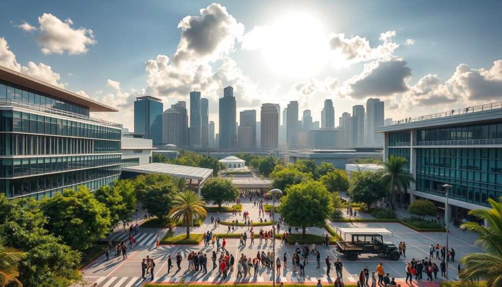 A sprawling polytechnic campus nestled amidst lush greenery, its modern buildings adorned with sleek glass and steel. In the foreground, students mingle on a bustling plaza, discussing their career aspirations and course options. The middle ground reveals state-of-the-art laboratories and workshops, where they hone their technical skills. In the background, towering skyscrapers of the city skyline stand as a testament to the promising futures that await. Warm sunlight filters through fluffy clouds, casting a hopeful glow over the scene. A sense of purpose and opportunity permeates the air, inspiring the next generation of industry leaders.