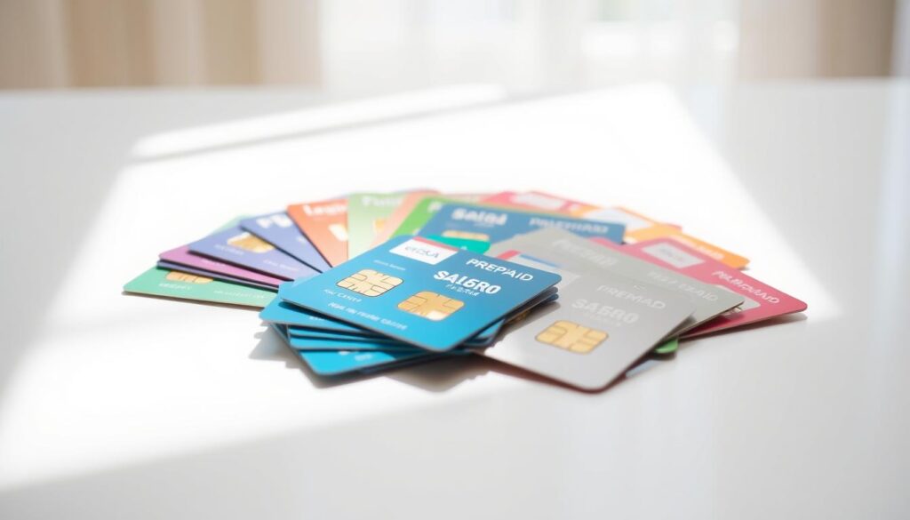 A stack of colorful prepaid SIM cards with various data plan options, laid out on a clean white surface. The cards are illuminated by soft, diffused natural light filtering in from the side, creating a bright and airy atmosphere. The cards are arranged in an orderly and visually appealing manner, showcasing their unique designs and branding. The foreground is in sharp focus, while the background is slightly blurred, directing the viewer's attention to the prepaid plan details. The overall scene conveys a sense of simplicity, practicality, and the variety of choices available for prepaid mobile data plans in Singapore.