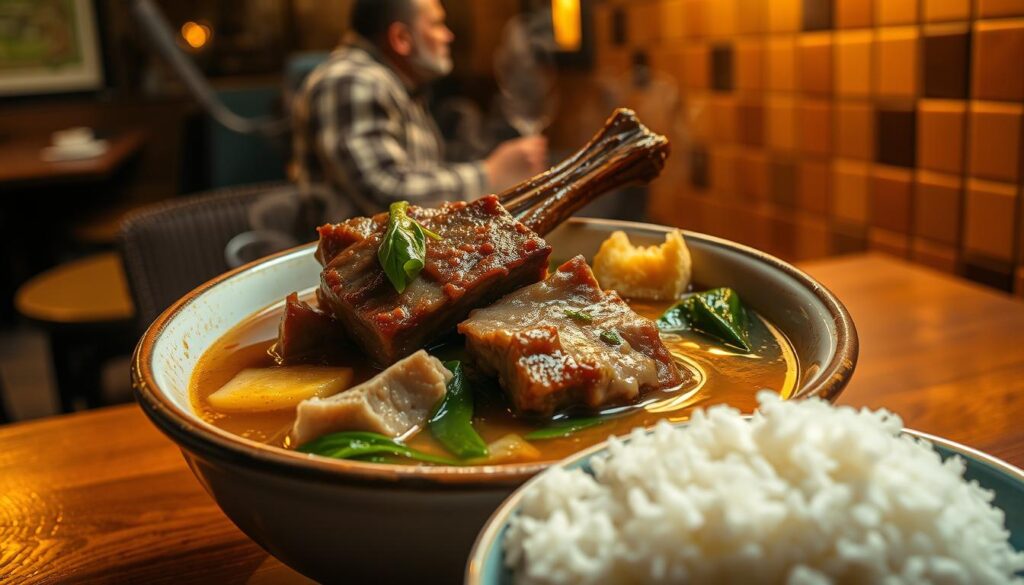 A steaming bowl of bak kut teh, Singapore's iconic pork rib soup, set against a dimly lit, cozy hawker center. The savory broth, infused with garlic, pepper, and Chinese herbs, glistens under warm, golden lighting. Tender pork ribs, falling off the bone, are accompanied by yu choy greens and crispy croutons. A plate of fragrant, fluffy white rice stands ready to soak up the flavorful soup. The scene is framed by the rustic, tiled walls and wooden tables typical of a traditional Singaporean dining setting, creating an authentic, comforting atmosphere.