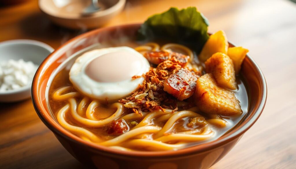 A steaming bowl of famous Singaporean lor mee takes center stage, the thick, glossy noodles nestled in a savory broth and topped with crispy fried shallots, bouncy fish cakes, and a perfectly cooked runny egg. The dish is shot from an elevated angle, capturing the intricate details of the ingredients in warm, natural lighting that accentuates the rich hues and textures. The background is blurred, allowing the vibrant lor mee to be the undisputed star of the scene, radiating an inviting, mouthwatering aroma. This image perfectly encapsulates the essence of the best lor mee in Singapore.