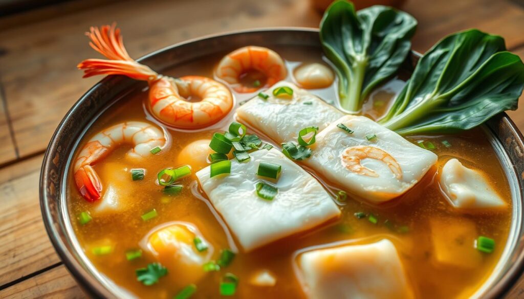 A steaming bowl of fish soup, brimming with vibrant vegetables and tender chunks of fresh seafood. The broth has a rich, savory aroma, with a hint of fragrant ginger and lemongrass. In the foreground, delicate white fish fillets float atop the clear, golden liquid, garnished with vibrant green onions and cilantro. The middle ground features plump shrimp and juicy pieces of bok choy, while the background showcases a simple, rustic table setting, with a wooden surface and a backdrop of soft, muted colors. The lighting is warm and natural, casting a cozy, inviting glow over the scene. The overall mood is one of comfort, nourishment, and the comforting flavors of a beloved Singaporean classic.