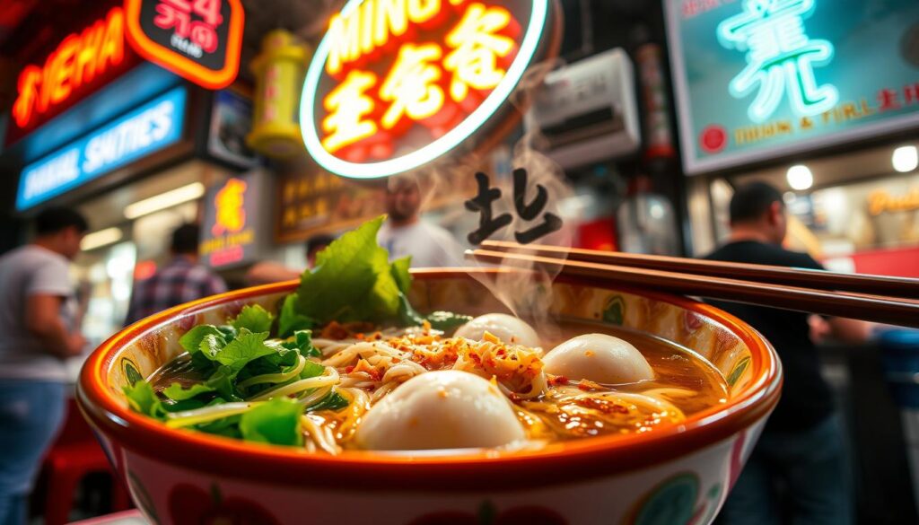 A steaming bowl of freshly prepared Ming Fa fishball noodles, its aromatic broth glistening under the warm glow of a 24-hour neon sign. Delicate fishballs and springy noodles nestle among vibrant greens, while a scatter of crispy fried shallots and a drizzle of chili oil add layers of flavor. The scene is set in a bustling hawker center, with the hum of conversation and the sizzle of woks providing a lively backdrop. The camera captures the dish from a low angle, highlighting its comforting and satisfying presentation, inviting the viewer to savor every bite of this Singaporean classic.