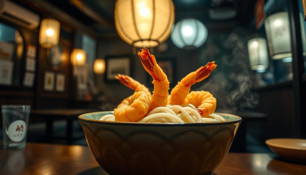 A steaming bowl of freshly prepared prawn tempura udon noodles, set against a backdrop of a cozy, dimly lit Japanese izakaya-style restaurant. The tempura prawns, golden-crisp on the outside and juicy within, are delicately arranged atop a bed of springy, hand-pulled udon noodles, swimming in a rich, savory broth. The scene is illuminated by the warm, soft glow of paper lanterns, casting a inviting ambiance throughout the intimate dining space. The camera angles capture the dish from an elevated perspective, showcasing the dish's intricate details and the restaurant's charming atmosphere.