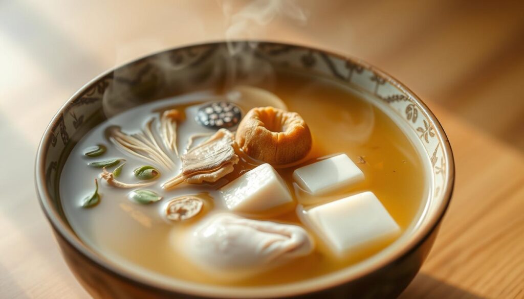 A steaming bowl of herbal soup, its fragrant steam rising in the soft, diffused light. In the foreground, a medley of soothing botanicals - ginger, astragalus, and lingzhi mushrooms - float atop the clear, golden broth. The middle ground reveals a delicate arrangement of meltingly tender chicken pieces and smooth tofu cubes. The background features a simple, minimalist wooden table, allowing the nourishing soup to take center stage. The overall mood is one of tranquility and healing, inviting the viewer to savor the restorative properties of this traditional Asian elixir.