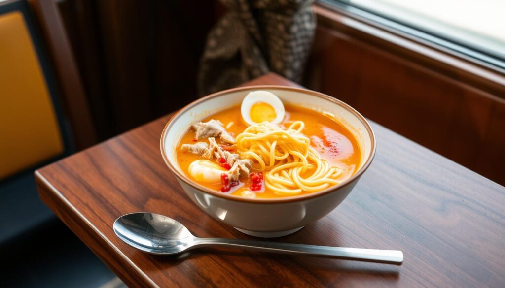 A steaming bowl of katong laksa, the iconic Peranakan noodle dish, sits atop a wooden table. The golden broth, infused with aromatic spices, gently simmers, its surface dotted with shredded chicken, prawns, and soft-boiled eggs. The noodles, expertly cooked, are nestled within, their yellow hue contrasting with the deep red chili paste. The table is set against a backdrop of warm, natural lighting, highlighting the rich colors and textures of the dish. In the foreground, a stainless steel spoon and chopsticks await, ready to dive into the flavorful creation. The overall scene conveys the comforting and inviting atmosphere of a vibrant Katong neighborhood, where this beloved local delicacy is celebrated.
