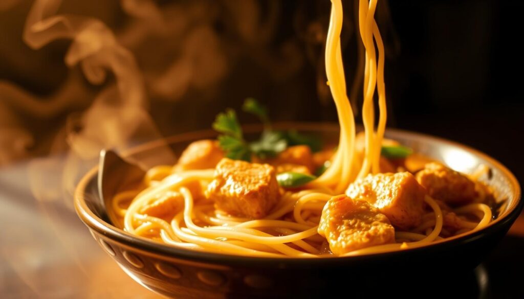 A steaming plate of fragrant curry chicken bee hoon noodles, the thick, rich sauce coating each slender strand. Tender chunks of chicken, simmered in a blend of aromatic spices, nestled among the noodles. Crisp bean sprouts and fresh coriander leaves provide a vibrant contrast. The dish is bathed in warm, golden light, casting a soft glow over the scene. A shallow depth of field keeps the noodles and chicken in sharp focus, while the background fades into a hazy, atmospheric blur. The overall composition evokes the comforting and satisfying nature of this beloved Singaporean dish.