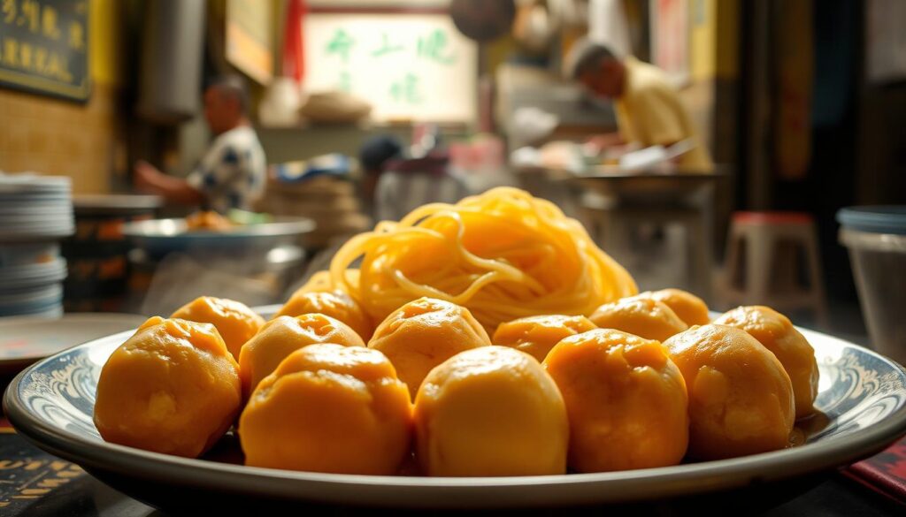 A steaming plate of handmade fishballs, meticulously crafted with fresh ingredients and a legacy of tradition. In the foreground, the plump, golden-hued spheres are arranged with care, their surfaces glistening under the warm, natural lighting. The middle ground reveals a tangle of springy noodles, expertly prepared and ready to be paired with the beloved fishballs. In the background, a modest yet inviting atmosphere, evoking the nostalgic charm of a beloved neighborhood eatery, where the aroma of simmering broth and sizzling woks create a comforting ambiance. This image captures the essence of the legendary Song Kee Fishball Noodle, a testament to the timeless art of handcrafted culinary delights.