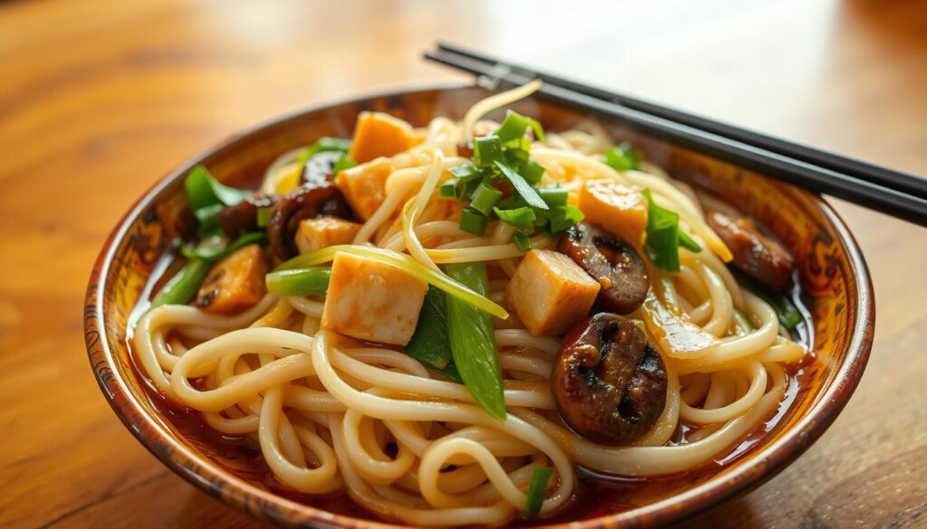 A steaming plate of vegetarian hor fun takes center stage, the wide rice noodles gently curled and dressed in a savory sauce. Vibrant green choy sum and crisp bean sprouts add fresh pops of color, while sautéed mushrooms and firm tofu cubes provide hearty texture. Soft lighting from overhead casts a warm glow, highlighting the dish's enticing aromas. The scene is captured from a slightly elevated angle, inviting the viewer to savor every detail of this meatless delight. A sense of comfort and wholesome indulgence permeates the image, reflecting the joys of exploring Singapore's diverse hor fun offerings.
