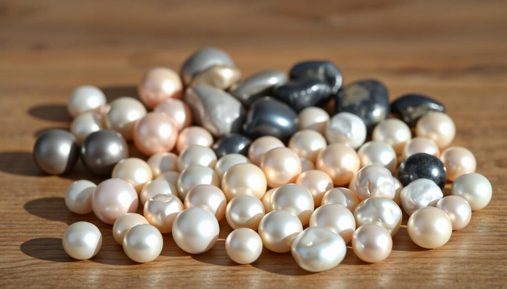 A still life of various pearl varieties, artfully arranged on a wooden surface. The pearls are highlighted with soft, diffused lighting, casting delicate shadows that accentuate their unique shapes and iridescent surfaces. In the foreground, a mix of round, oval, and baroque pearls in shades of white, cream, and soft pink are carefully displayed. The middle ground features larger, more irregular pearls in captivating hues of gray, blue, and black. The background is minimalist, allowing the pearls to be the center of attention. The overall composition has a sense of elegance and timeless beauty, reflecting the quality and attention to detail that defines the finest bubble tea pearls.