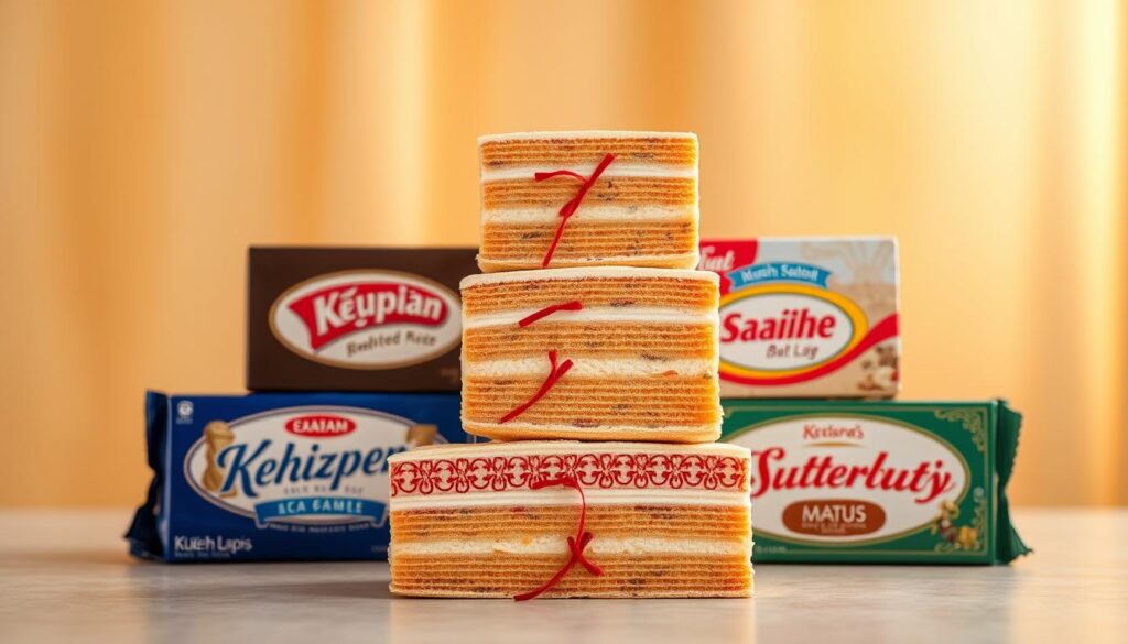 A stunning arrangement of five delectable layered cake brands, artfully presented against a backdrop of soft, warm lighting. The cakes are elegantly stacked, showcasing their intricate patterns and vibrant colors, enticing the viewer to savor their rich, buttery textures. The foreground features the most prominent brand, its layers meticulously detailed, while the surrounding brands gradually recede into the middle and background, creating a sense of depth and composition. The overall scene evokes a sense of luxurious indulgence, inviting the viewer to imagine the mouthwatering flavors and the care with which these renowned Kueh Lapis brands have been crafted.
