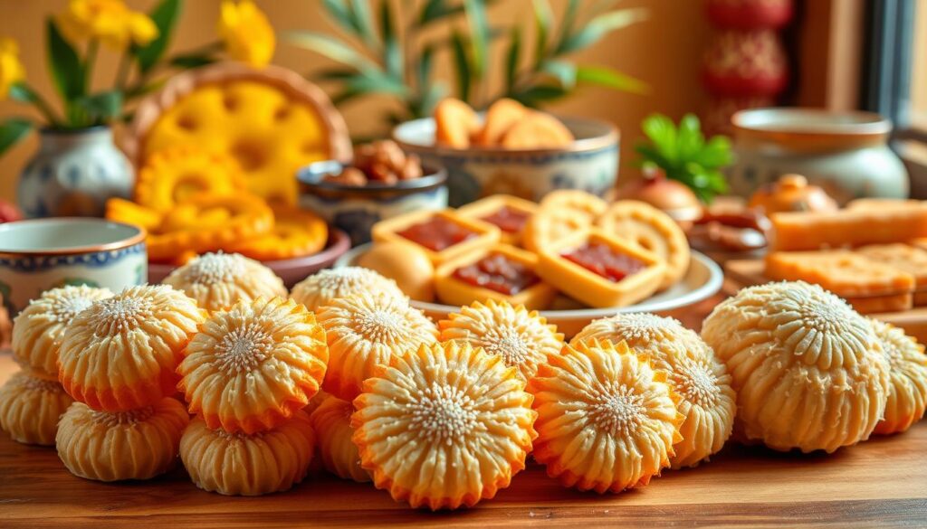 A stunning arrangement of traditional Chinese New Year goodies, captured in a vibrant and mouthwatering still life. In the foreground, an assortment of kueh bangkit, their delicate coconut-infused pastry shells glistening under soft, natural lighting. Behind them, an array of other beloved treats - crisp pineapple tarts, buttery love letters, and aromatic bak kwa. The mid-ground features beautifully crafted ceramic bowls and plates, complementing the rustic, heritage-inspired atmosphere. In the background, a hint of lush greenery and warm, golden tones create a sense of timeless elegance. This captivating image celebrates the rich culinary heritage and time-honored traditions of Singapore's iconic Chinese New Year delicacies.