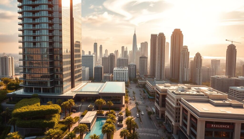A stunning, meticulously crafted luxury condominium set against the backdrop of a vibrant, modern cityscape. The foreground features a breathtaking glass-and-steel high-rise, its sleek, contemporary facade reflecting the surrounding skyscrapers. Lush, manicured gardens and a glistening infinity pool frame the building, exuding an air of sophistication and exclusivity. The middle ground showcases a bustling street lined with high-end retail outlets and cafes, while the distant skyline is dominated by towering office towers and residential complexes. Warm, golden sunlight filters through wispy clouds, casting a soft, inviting glow over the scene. The overall atmosphere conveys a sense of prestige, wealth, and the allure of premium urban living - an ideal representation of the investment potential of luxury condominiums.