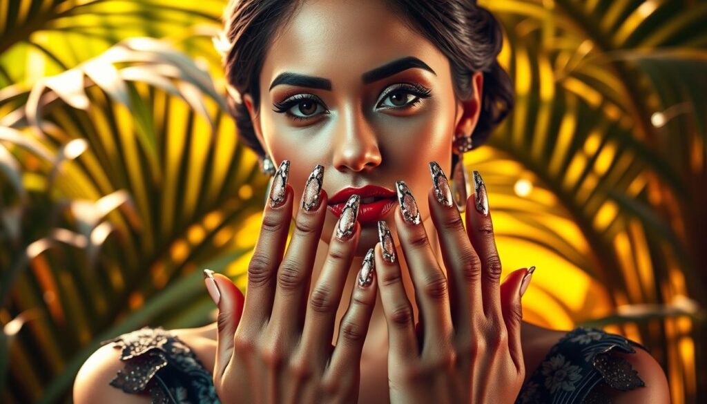 A stunning portrait of a "nail queen" - a sophisticated, elegant woman with impeccably manicured nails. Set against a lush, tropical background with vibrant greens and warm lighting, she exudes an air of confidence and sophistication. Her nails are long, perfectly shaped, and adorned with intricate, eye-catching designs in shimmering hues. The focus is on her hands, captured in a close-up shot that showcases the artistry and attention to detail in her nail work. The overall mood is one of luxury, indulgence, and the celebration of the art of nail care.