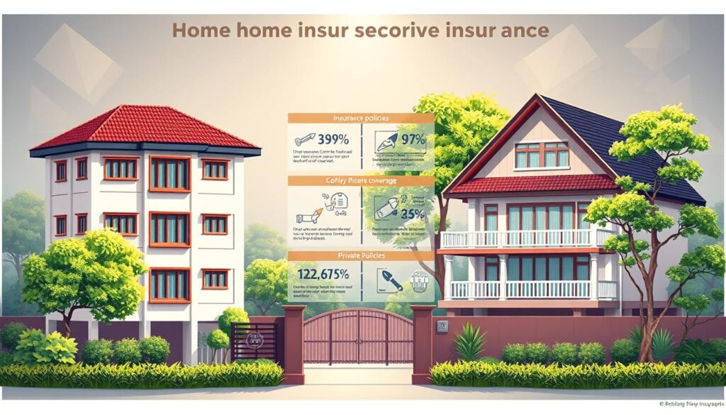 A stunningly detailed illustration contrasting the differences between home insurance for HDB flats and private properties in Singapore. In the foreground, two distinct homes - an HDB flat with its signature design and a private bungalow with lush greenery. In the middle ground, visualize insurance policies, coverage details, and comparative data presented in a sleek, infographic-style layout. The background evokes a sense of financial security, with subtle geometric patterns and subtle lighting that creates depth and atmosphere. Capture the essence of the topic through a cohesive, visually striking composition that effectively communicates the key distinctions between these two types of home insurance options.