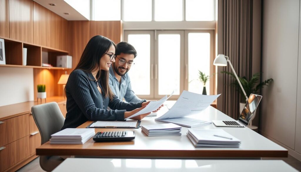 A stylish modern office desk, warm wooden tones and sleek white surfaces. On the desk, a laptop, calculator, and neat stacks of financial documents. A couple sits side-by-side, focused on reviewing their joint account statements and budgeting together. Soft, even lighting from large windows casts a serene glow. The atmosphere is one of calm collaboration, as they carefully manage their shared finances with care and attention to detail.