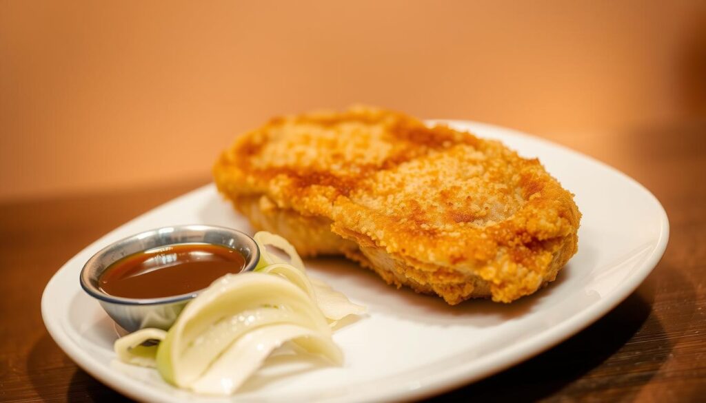 A succulent, golden-brown pork chop, freshly fried to perfection, rests on a pristine white plate. The pork's tender, juicy interior is encased in a delicate, crisp panko crust, glistening under the warm, soft lighting that illuminates the scene. In the foreground, carefully arranged slices of raw cabbage provide a vibrant, crunchy contrast, while a small dish of rich, savory tonkatsu sauce sits nearby, ready to be drizzled over the dish. The background fades into a subtly blurred, minimalist setting, allowing the star of the show - the pork tonkatsu - to take center stage and captivate the viewer's senses.