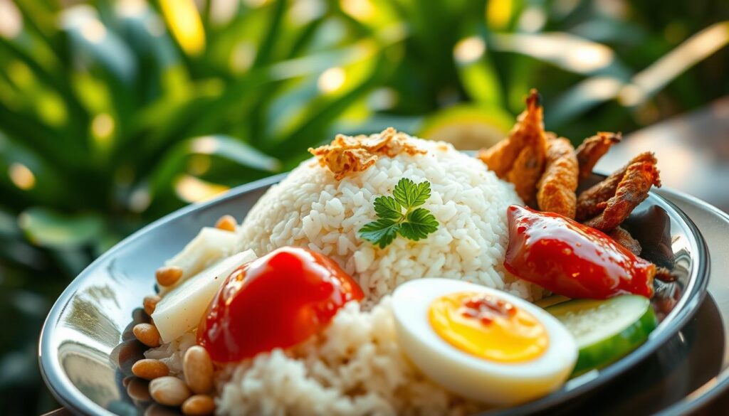 A sumptuous Malaysian delicacy, nasi lemak, takes center stage against a backdrop of lush greenery. The rice, cooked in fragrant coconut milk, glistens as if freshly steamed. Nestled alongside are crispy fried anchovies, a hard-boiled egg, and a dollop of spicy sambal chili paste. The plate is adorned with crunchy roasted peanuts and sliced cucumber, creating a visually striking and appetizing composition. The lighting casts a warm, golden glow, evoking the comforting and authentic flavors of this iconic Malay dish. A masterful close-up perspective, with a shallow depth of field, draws the viewer's attention to the intricate details and vibrant colors of this mouthwatering culinary creation.