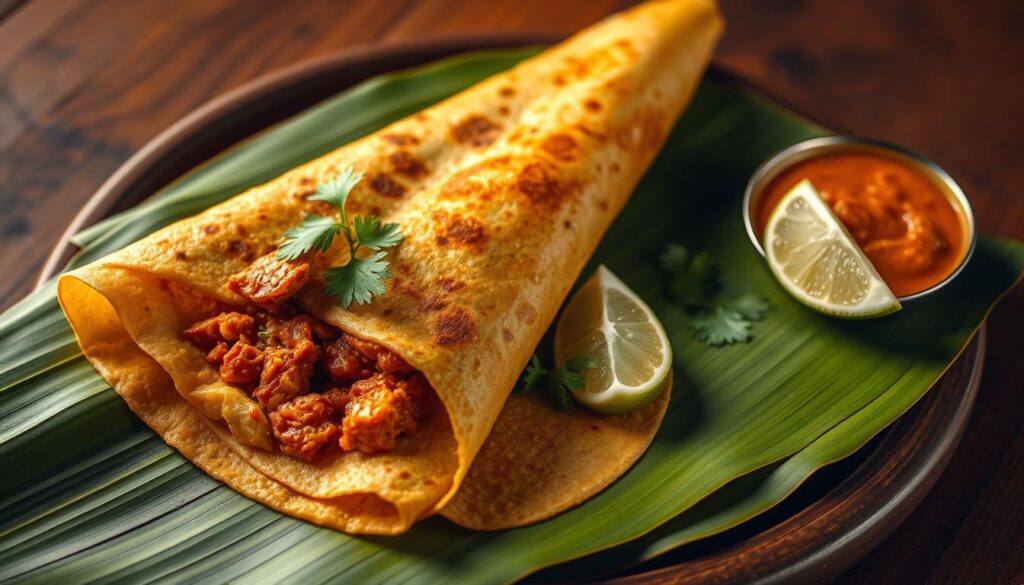 A sumptuous and authentic Mysore masala thosai from the iconic Komala Vilas restaurant, laid out on a traditional banana leaf. The golden-brown crisp crepe is generously stuffed with a spicy, flavorful filling, garnished with fresh coriander and a wedge of lime. Warm, diffused lighting casts a soft glow, highlighting the intricate texture of the thosai and the vibrant hues of the accompaniments. The setting evokes the rich culinary heritage of South India, with a sense of timeless tradition and refined presentation. A meticulously crafted dish that pays homage to the legacy of Komala Vilas and its celebrated Mysore masala thosai.