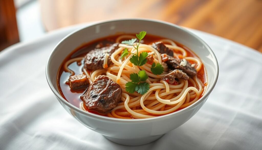 A sumptuous bowl of luxury hor fun takes center stage, nestled on a pristine white tablecloth. Thick, silky noodles intertwine with juicy, wok-seared beef slices and crunchy bean sprouts, all bathed in a rich, savory sauce that glistens under the warm, soft lighting. The presentation is elegant and refined, with a garnish of delicate, fresh cilantro leaves adding a touch of vibrant green. The scene evokes an atmosphere of indulgence and sophistication, capturing the essence of a splurge-worthy dish that elevates the humble hor fun to new heights of culinary excellence.