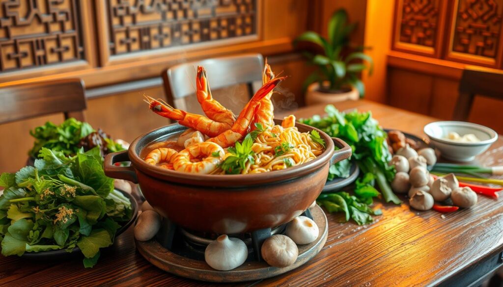 A sumptuous prawn mee steamboat, the centerpiece of a cozy dining experience. In the foreground, a clay pot brimming with simmering broth, plump prawns, and springy noodles. Surrounding it, an array of fresh, vibrant ingredients - leafy greens, juicy mushrooms, and aromatic herbs - ready to be added. The middle ground features a rustic wooden table, its surface glistening with condensation, set against a backdrop of warm, ambient lighting that casts a soft, inviting glow. Hints of traditional Singaporean decor, such as intricate wall panels or a potted plant, lend an authentic touch to the scene. The overall atmosphere exudes comfort, comfort, and the promise of a delectable, communal dining experience.