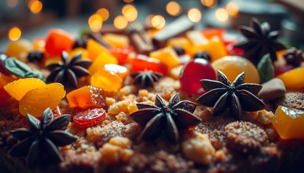 A sumptuous spread of unique fruitcake flavors, captured in vivid detail. In the foreground, a vibrant medley of candied fruits - citrus zest, spiced apricots, and juicy cherries - nestled atop a golden, moist crumb. Midground, a scattering of aromatic spices - cinnamon sticks, star anise, and a dusting of nutmeg - add depth and complexity. In the background, a warm, ambient lighting casts a cozy glow, inviting the viewer to imagine the rich, satisfying flavors. Captured with a wide-angle lens to showcase the decadent array, this image celebrates the unexpected and delightful possibilities of the humble fruitcake.