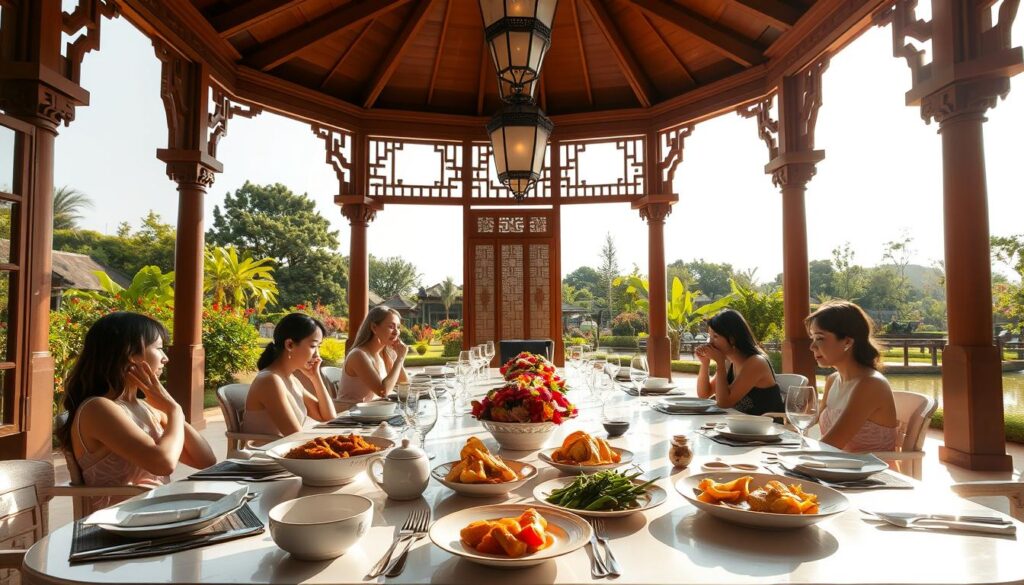 A sunlit, elegant summer pavilion with a harmonious blend of traditional Asian and modern design elements. In the foreground, a beautifully set dining table with fine porcelain, gleaming silverware, and an array of delectable Cantonese dishes. Diners sit comfortably, engaged in lively conversation under the pavilion's ornate, high-vaulted ceiling. Warm, diffused lighting filters through the large windows, casting a golden glow over the scene. In the background, a lush, verdant garden with vibrant flowers and a tranquil pond creates a serene, idyllic atmosphere. The overall mood is one of refined sophistication, where the pleasures of fine dining and relaxation coexist in perfect harmony.