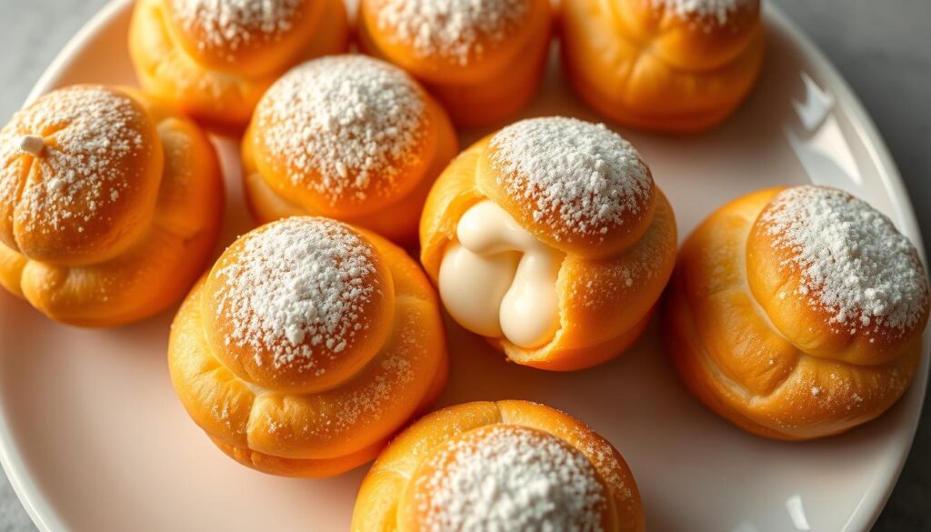 A tantalizing arrangement of freshly baked Hokkaido milk cream puffs, their golden-brown choux pastry shells glistening under warm, soft lighting. The puffs are perfectly round, their surfaces lightly dusted with powdered sugar that creates a delicate contrast. The puffs are meticulously arranged on a sleek, white ceramic platter, allowing their fluffy, cloud-like interiors to take center stage. The rich, creamy filling oozes slightly from the puffs, hinting at the indulgent experience to come. The image is captured from a high angle, emphasizing the puffs' tempting presentation and creating an appetizing, mouth-watering scene.
