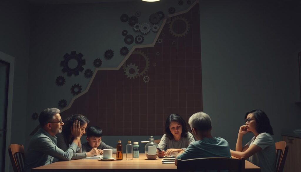 A towering graph of rising medical costs dominates the frame, casting a shadow over a worried family gathered around a kitchen table. Intricate gears and cogs symbolize the complex mechanisms driving healthcare inflation, while a dim, desaturated color palette evokes a sense of unease. Soft, directional lighting illuminates the family's concerned expressions, emphasizing the personal impact of soaring healthcare expenses. The scene is captured through a wide-angle lens, highlighting the overwhelming nature of the issue and the family's struggle to navigate the challenges of maintaining their health coverage.