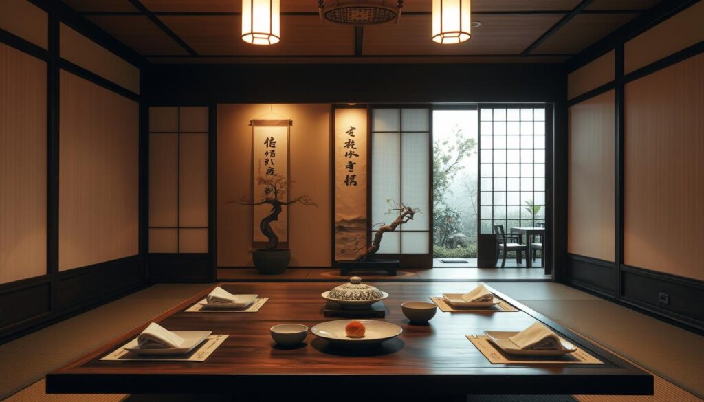 A traditional Japanese dining experience set in a serene, minimalist interior. In the foreground, a low wooden table with intricate place settings and delicate porcelain dishware. Overhead, a soft, warm light filters through sheer rice paper screens, casting a gentle glow. In the middle ground, a carefully pruned bonsai tree and a calligraphic scroll adorn the walls, reflecting the fusion of nature and artistry. The background features a sliding shoji door, hinting at the tranquil garden beyond, creating a sense of harmony and balance. The overall atmosphere evokes a timeless, elegant ambiance, blending the best of Japanese tradition and modern refinement.