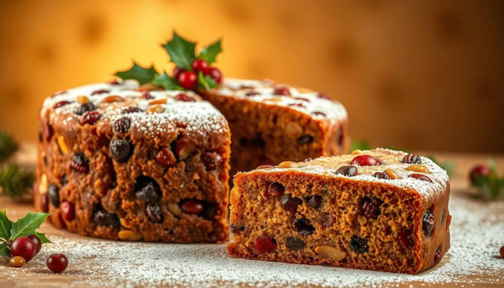 A traditional fruitcake set against a warm, inviting backdrop. A dense, moist cake adorned with an array of candied fruits and nuts, dusted with a fine layer of powdered sugar. The cake is illuminated by soft, golden lighting, casting a cozy glow. In the foreground, a generous slice is showcased, revealing the rich, complex layers within. The middle ground features the full cake, adorned with a sprig of holly for a festive touch. The background is a subtle, neutral tone, allowing the star of the show - the fruitcake - to take center stage. The overall scene evokes a sense of timeless elegance and holiday tradition.