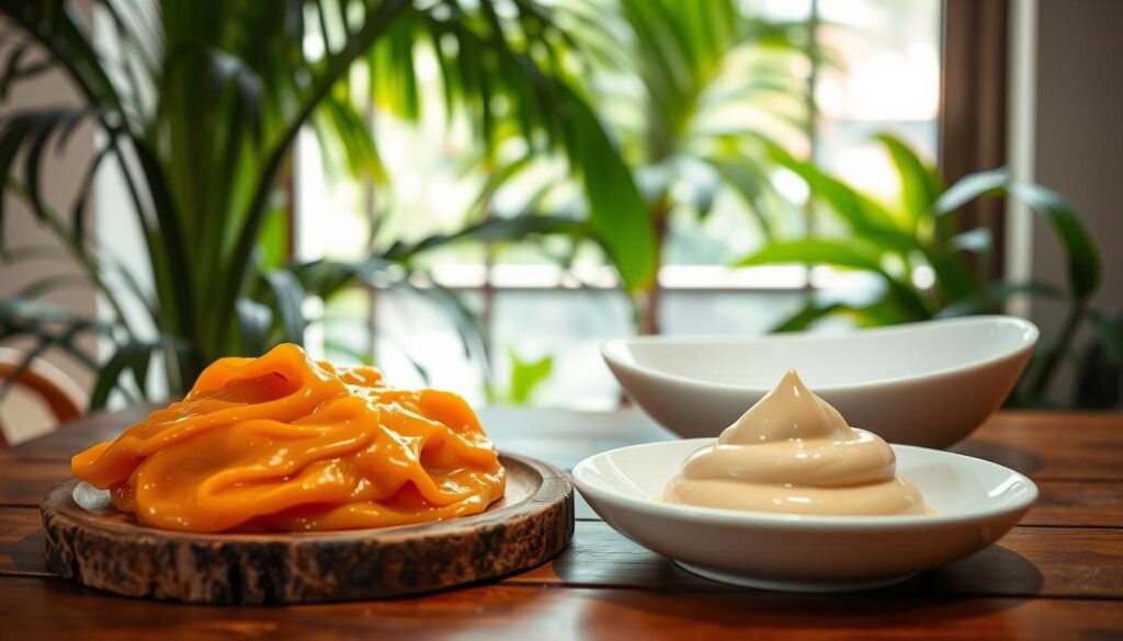A traditional kaya spread sits on rustic wooden table, its rich, golden hue contrasting with a modern, minimalist kaya presentation in sleek white ceramic dishes. In the background, lush tropical foliage and a sunlit window frame the scene, evoking the tranquil ambiance of a Singaporean cafe. The traditional kaya is thick, glossy, and enticingly textured, while the modern version appears smooth and elegantly plated. Soft, diffused lighting from the window bathes the entire composition in a warm, inviting glow, creating a harmonious blend of old and new, tradition and modernity.