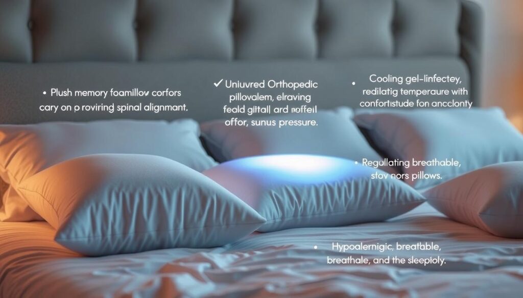 A tranquil bedside scene showcases a variety of pillows, each tailored to address specific sleep needs. In the foreground, a plush memory foam pillow conforms to the gentle curve of a sleeper's neck, providing optimal spinal alignment. Beside it, a uniquely contoured orthopedic pillow elevates the head, alleviating acid reflux and sinus pressure. In the middle ground, a cooling gel-infused pillow radiates a soft, ambient glow, regulating temperature for a comfortable, restful slumber. Finally, in the background, a hypoallergenic, breathable pillow rests, catering to those with sensitivities. The overall scene exudes a calming, serene atmosphere, inviting the viewer to imagine the restorative power of a good night's sleep.