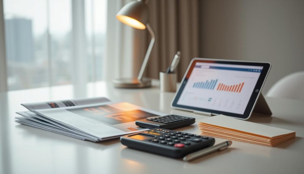 A tranquil, minimalist still life depicting an array of short-term financial tools. In the foreground, a neatly arranged set of glossy brochures, compact investment calculators, and a stack of crisp, cream-colored envelopes. The middle ground features a sleek tablet displaying a digital dashboard, its screen reflecting the warm glow of a desk lamp. In the background, a clean, neutral-toned workspace with a modern, brushed-metal pen holder and a subtle, blurred cityscape visible through a window. Soft, diffused lighting casts a calming, professional ambiance, emphasizing the accessible, user-friendly nature of these short-term financial instruments. A tranquil, minimalist still life depicting an array of short-term financial tools. In the foreground, a neatly arranged set of glossy brochures, compact investment calculators, and a stack of crisp, cream-colored envelopes. The middle ground features a sleek tablet displaying a digital dashboard, its screen reflecting the warm glow of a desk lamp. In the background, a clean, neutral-toned workspace with a modern, brushed-metal pen holder and a subtle, blurred cityscape visible through a window. Soft, diffused lighting casts a calming, professional ambiance, emphasizing the accessible, user-friendly nature of these short-term financial instruments.