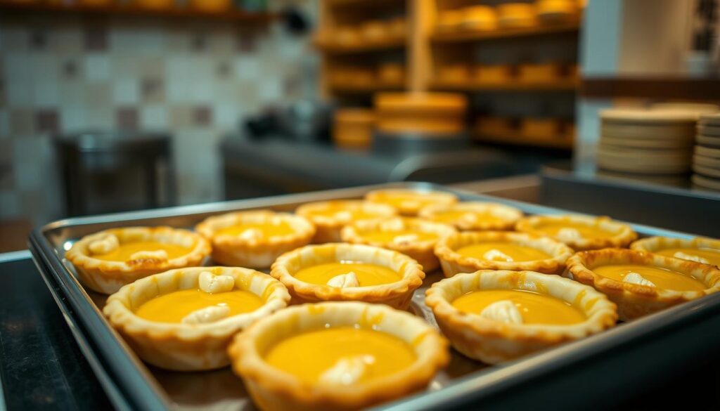 A tray of freshly baked Hong Kong-style egg tarts, their golden flaky crusts glistening under soft, warm lighting. The tarts are arranged neatly, each one a perfect miniature with a luscious custard filling. In the background, a subtle blur reveals the interior of a traditional Hong Kong bakery, with its timeless tiles and wooden shelves. The scene evokes a sense of nostalgia and authenticity, capturing the essence of this iconic pastry that has endured as a beloved staple in the culinary landscape of Singapore.