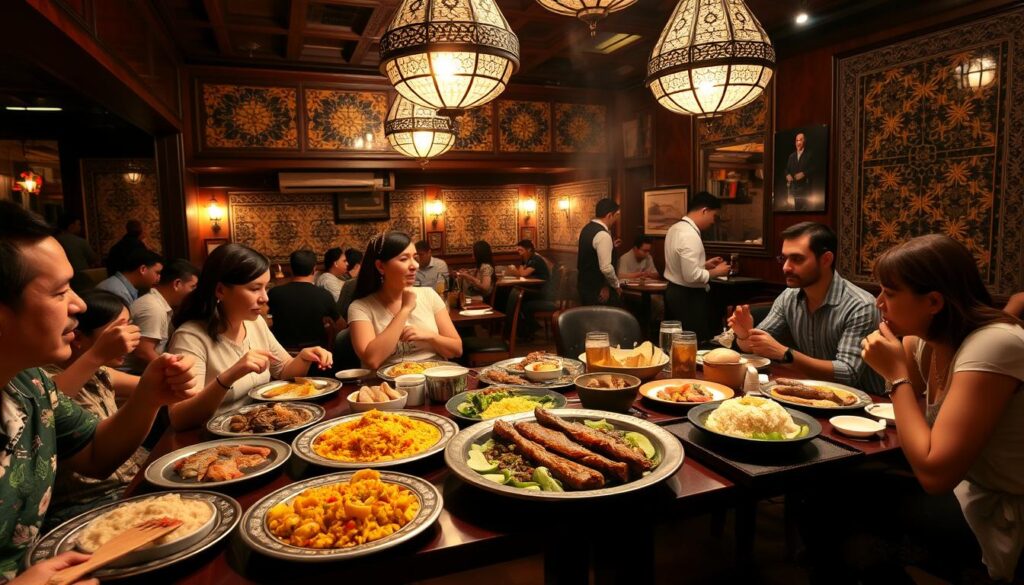 A vibrant Turkish restaurant in Singapore, filled with the aroma of sizzling meats and the chatter of diners. A cozy, intimate setting with ornate light fixtures casting a warm glow over the scene. In the foreground, a group of friends and families sharing a traditional Turkish feast, plates laden with colorful meze, fragrant rice dishes, and succulent kebabs. The middle ground reveals the intricate patterns of Turkish tiles and textiles, creating a rich, textured backdrop. In the background, the silhouettes of servers moving gracefully between tables, delivering steaming tea and freshly baked bread. An atmosphere of conviviality and cultural celebration, inviting the viewer to join in the shared experience of a Turkish dining tradition.