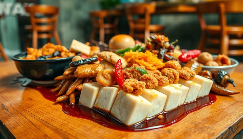 A vibrant and appetizing close-up shot of an assortment of traditional Yong Tau Foo, artfully arranged on a rustic wooden table. The foreground features a selection of freshly prepared dou foo (tofu) pieces, their soft, silky texture contrasted by crunchy fried toppings and a vibrant array of complementary ingredients such as fish balls, stuffed chili peppers, and braised mushrooms. The middle ground showcases the rich, savory sauce glistening on the surface, while the background suggests a cozy, authentic hawker stall setting, with wooden stools and a hint of bustling activity. The lighting is warm and natural, accentuating the vibrant colors and textures of the dish, creating an inviting and mouthwatering presentation.